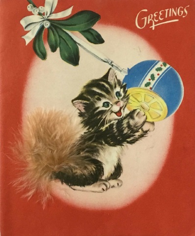Paramount Mid Century Christmas Greeting Card Kitten with Ornament