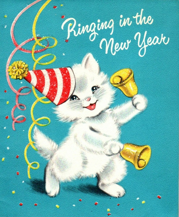 White Cat ringing in the New Year Greeting Card